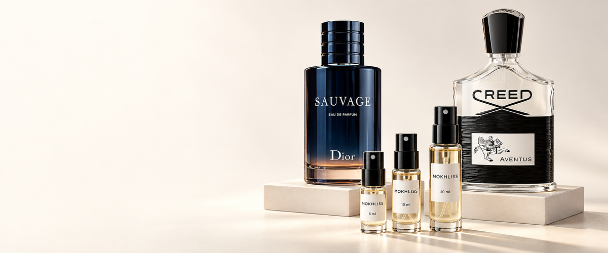 Dior Sauvage et Creed Aventus accompagnés de décants Mokhliss de 5, 10 et 20 ml